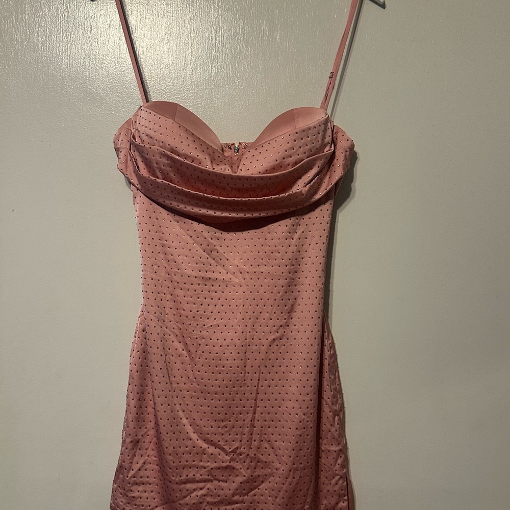 Oh Polly Mini Asymmetric Satin Dress with Embellishments